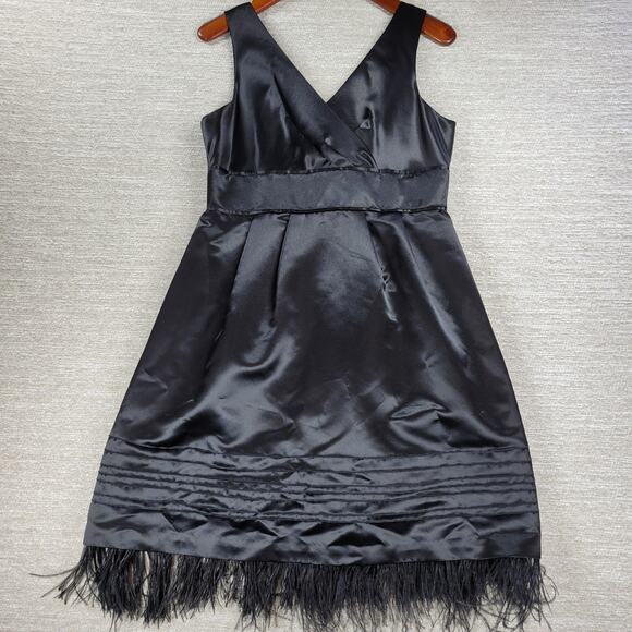 Max and Cleo Maralin Satin Dress Womens 12 Black Feathers Holiday Cocktail - Picture 10 of 16